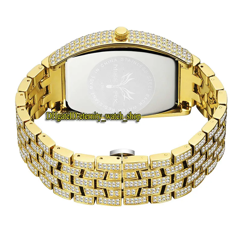 MISSFOX eternity V319 Hip hop Fashion Mens Watches CZ Diamond inlay Gold Dial Quartz Movement Men Watch Iced Out Diamonds Alloy Case Two Tone Bracelet