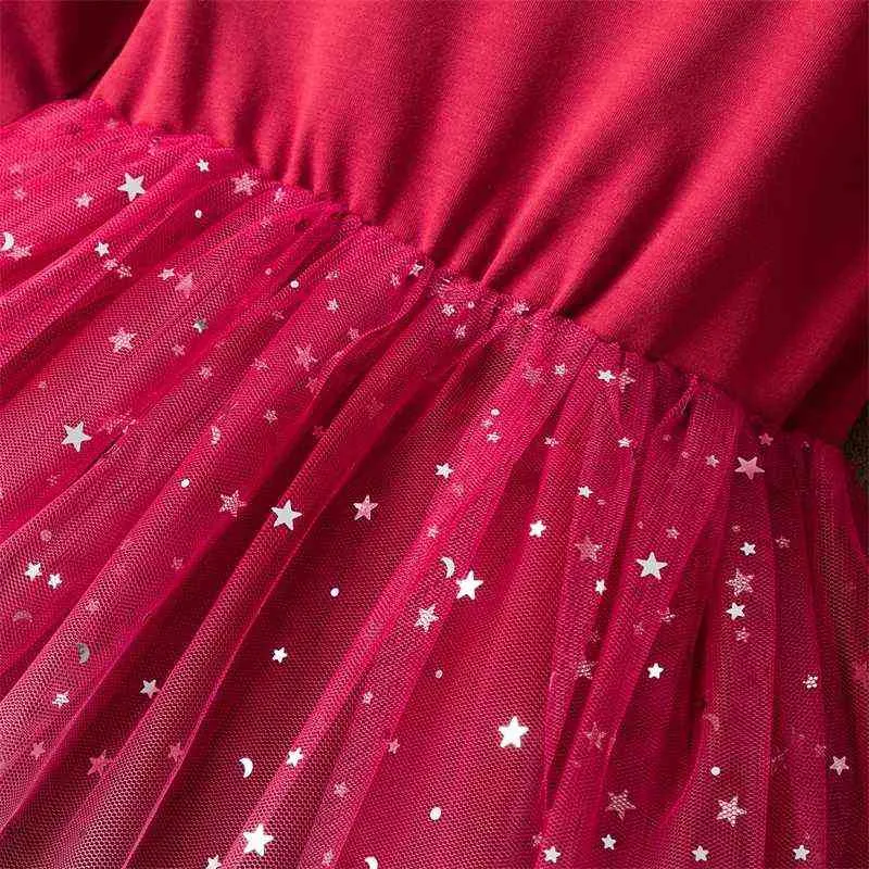 Girls Winter Dresses For Kids Long Sleeve Sequin Mesh Tulle Tutu Clothes Children Christmas Elegant Wedding Party Red Costume 211224