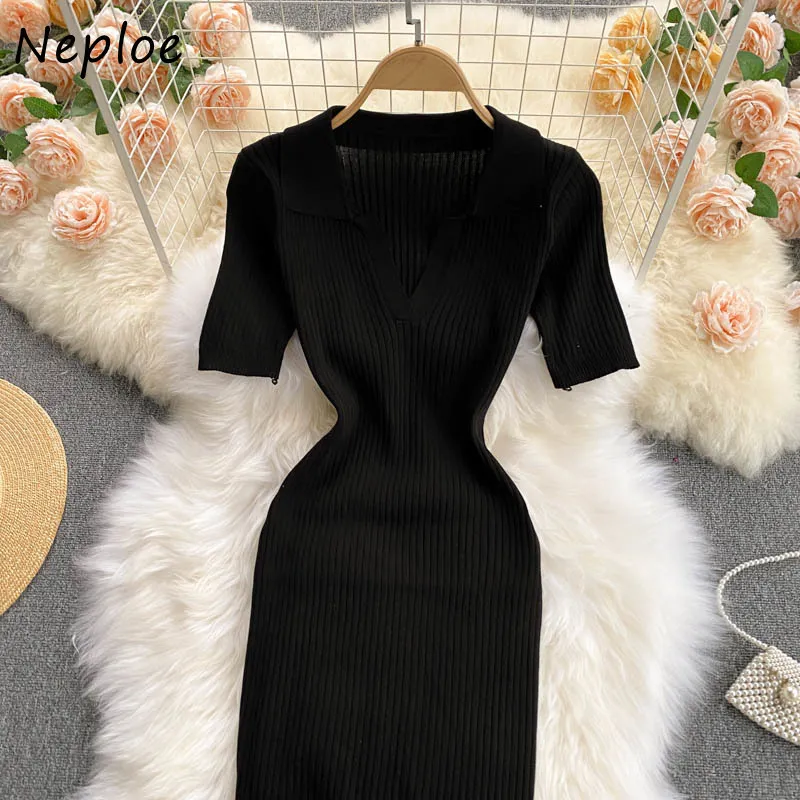 Nepleo sätter ner krage kort ärm pullover stickad klänning kvinnor hög midja hip mager vestidos sommar mångfärgad mantel 210510