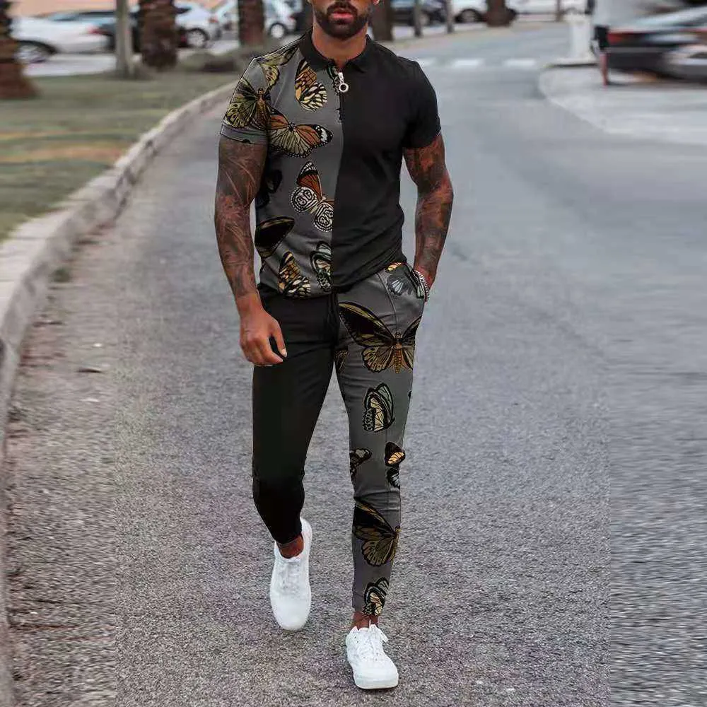 Neue Zweiteilige Männer Anzug Mode Reißverschluss POLO-Shirt + Hose Nähen Druck Lässig Jogger Trainingsanzug Sweatshirt Set Für Männer Kleidung Y0831