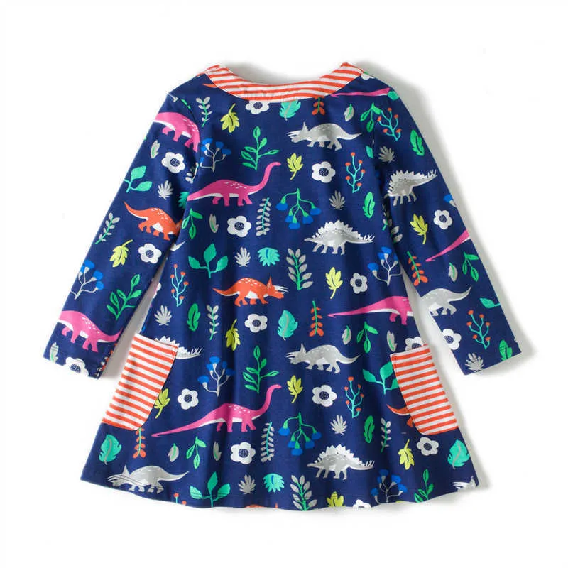 Jumping Meters 3-12T Dinosaures Imprimer Coton Automne Printemps Enfants Filles Robe avec Poches À Manches Longues Princesse Enfants Vêtements 210529