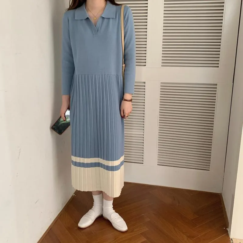 Color-Blocked Корейский вязаный свитер платье женщины с длинным рукавом с длинным рукавом с длинным рукавом.