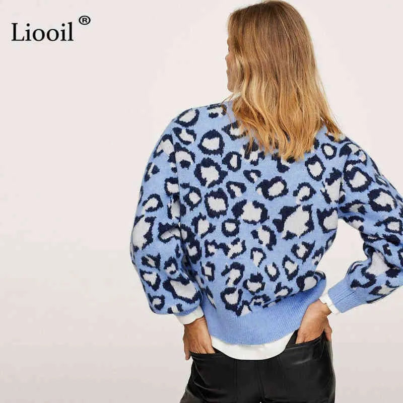 Cabeça de malha de malha jumper Mulheres Leopard Imprimir Tops Blue Tops Tricô Pull Streetwear Knitwear Espesso Inverno Suéteres 211217