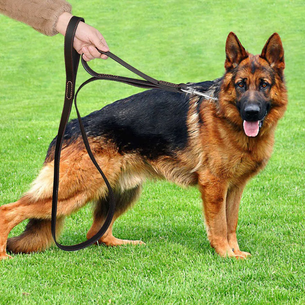 Geniune couro animal de estimação cão coleira de corda treinamento de caminhada leads chumbo para cães de médio grande controle rápido com 2 punhos 211022