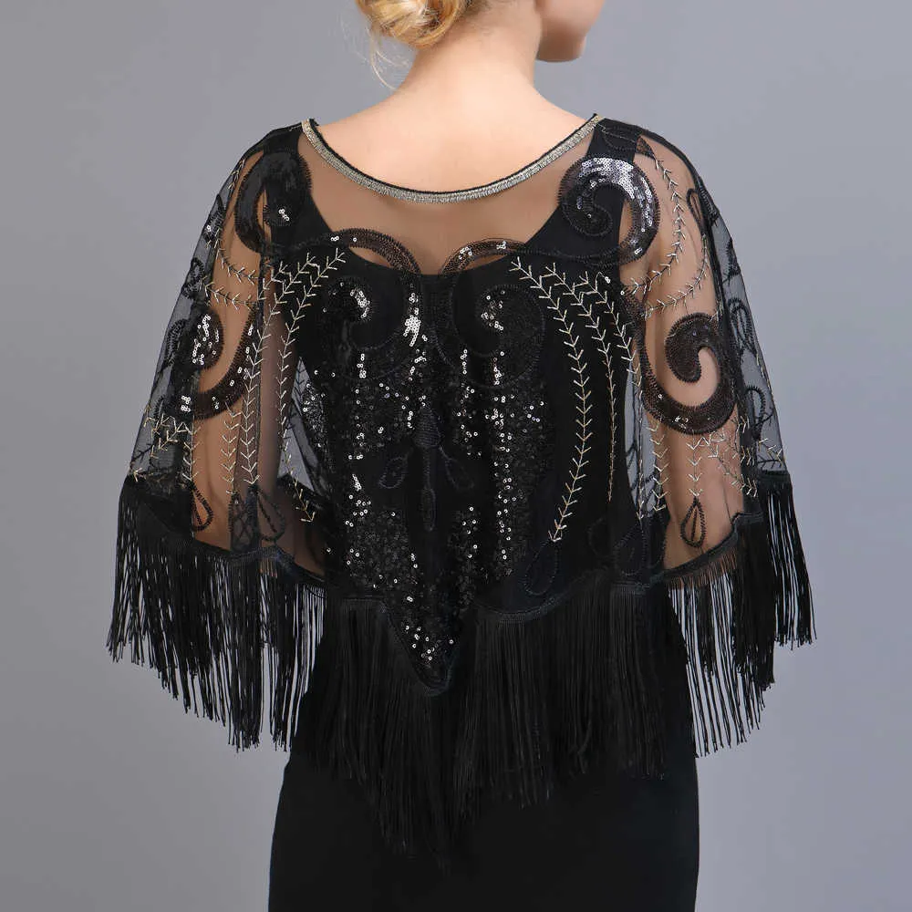 Vintage Pailletten-Quasten-Abend-Umhang der 1920er-Jahre, Flapper-Party-Schal mit Fransen, Stickerei, Pullover, Hochzeit, Brautschal 2108191686887