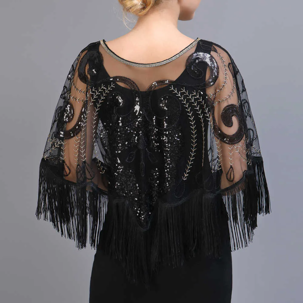 Vintage Sequin Tassel Evening Cape 1920s Flapper Party Fringed Shawl Wraps Embroidery Pullover Wedding Bridal Scarf 2108191686887