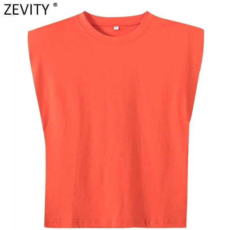 Zevity Summer Women Candy Colors Shoulder Pads Casual Vest T Shirt Female Basic Solid Sleeveless Chic Loose Tops T690 210603