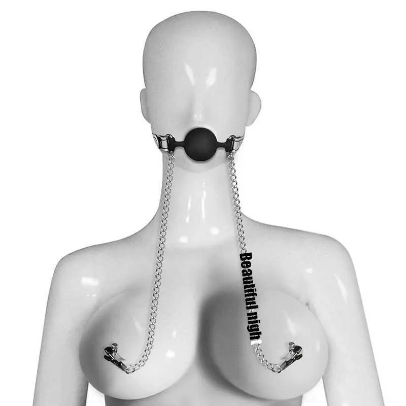 Bondage Gummi Open Mouth Ball Gag med nippelklämmorhållare, BDSM-sele, sexleksaker för par, vuxna spel P0816