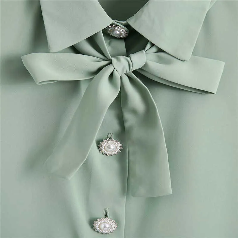 Za Летняя драгоценность кнопки женские блузка короткий слойный рукав поклон завязан старинные зеленые рубашки женщина мода ruching fit tops 210602