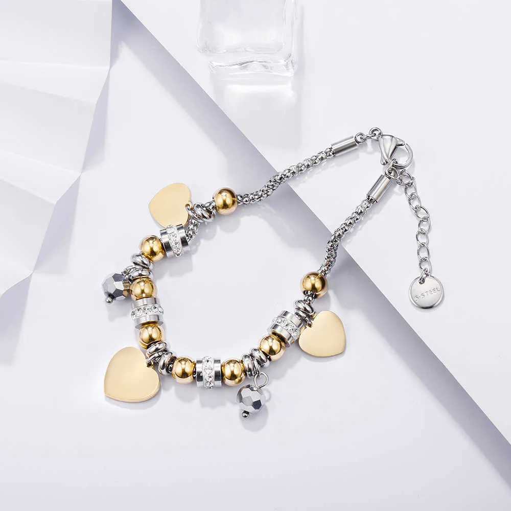 Love Charm Gold Bracelets Mode Métal Perlé Cristal En Acier Inoxydable Pulsera Coeur Bracelet Bijoux pour Femmes Filles Cadeaux Q0719