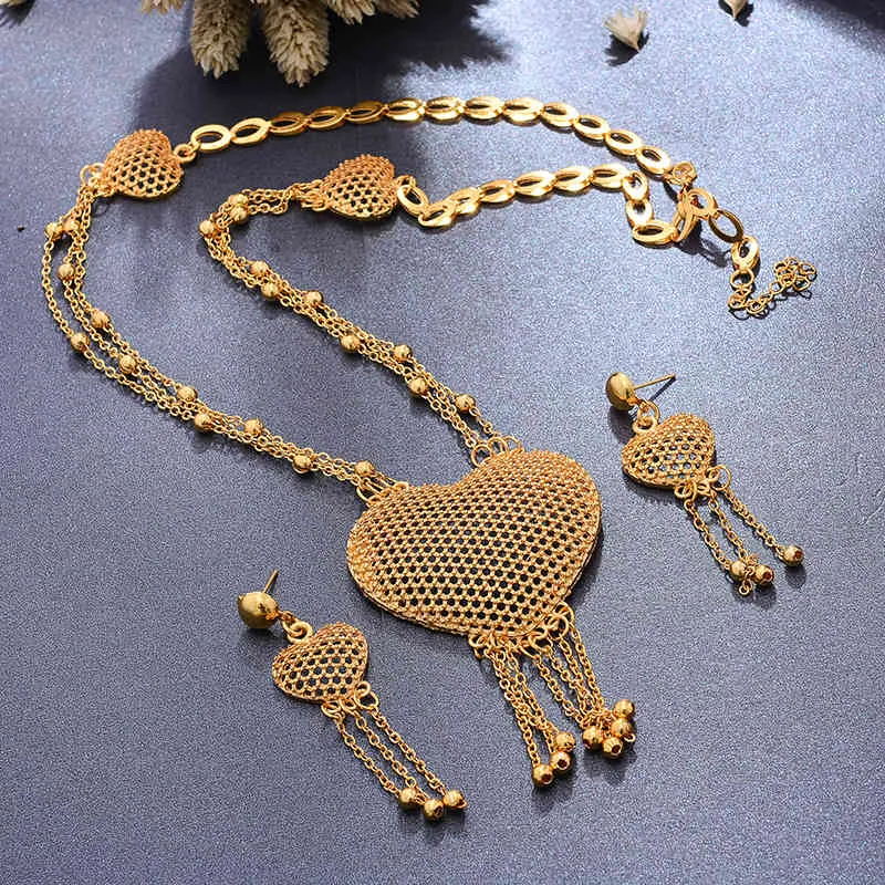 Dubai smycken sätter guld halsband örhängen uppsättning för kvinnor afrikansk hjärta Frankrike bröllopsfest 24K smycken Etiopia brudgåvor