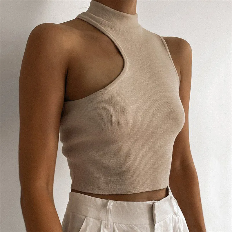 Kvinnor Sexig Singel One Shoulder Tank Toppar Vest Bare Midriff Ärmlös T-shirt Sommarstrand Skörd Top Turtleneck Stickad topp 210430