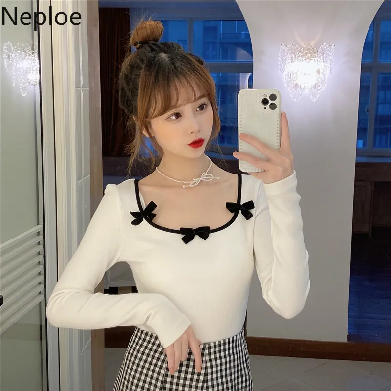Neploe Knitwear Cropped Pullovers Sweet Velvet Bow Slim Fit Sweaters Mujeres Square Collar manga larga Jumer Fashion Sueter Tops 210422