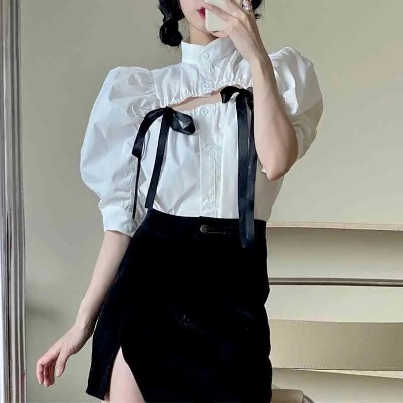 Ezgaga Sexy mujer blusa moda coreana Puff manga ahueca hacia fuera sólido Bowknot Chic verano todo-fósforo camisas femeninas Casual 210430