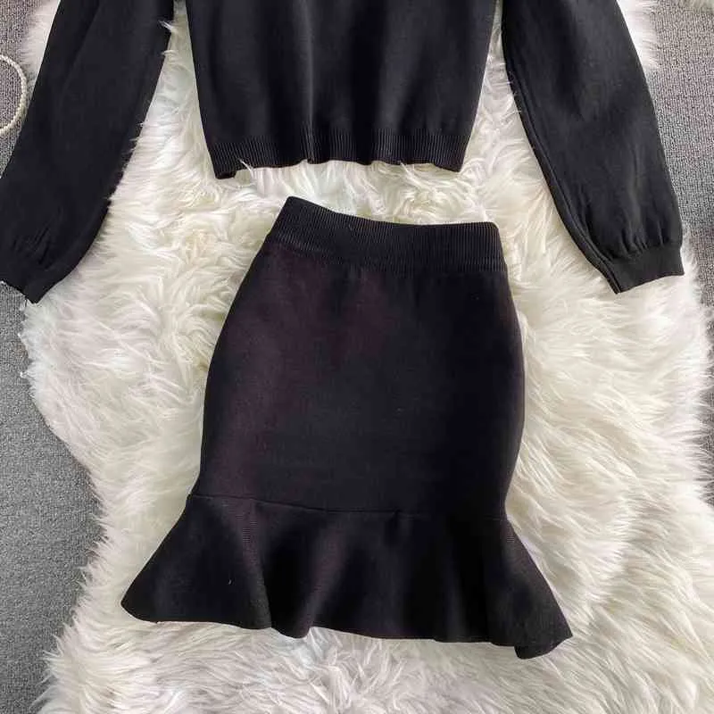 Sonbahar Kış Moda Takım Elbise Örme Straplez Gevşek Kazak En Iki Parçalı Yüksek Bel Fishtail Çantası Kalça Etek UK939 210506