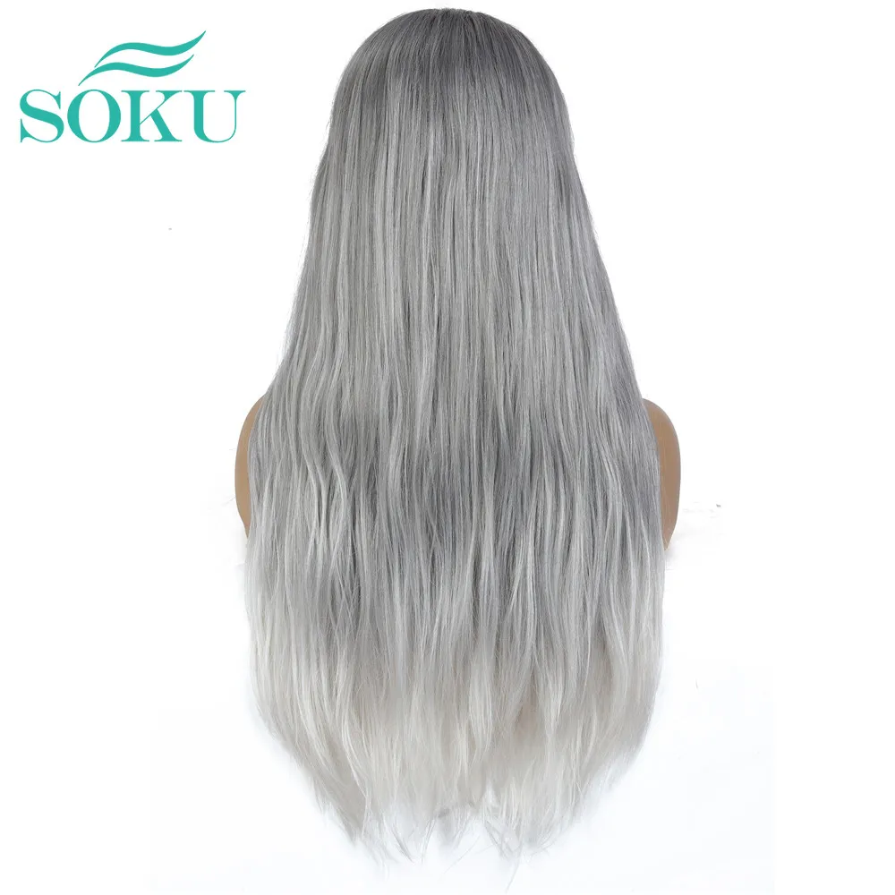 Synthetic Lace Front Wig Gery Color Natural Wavy Wig SOKU Long Middle Part Trendy Hairstyle Heat Resistant Fiber For Black Women