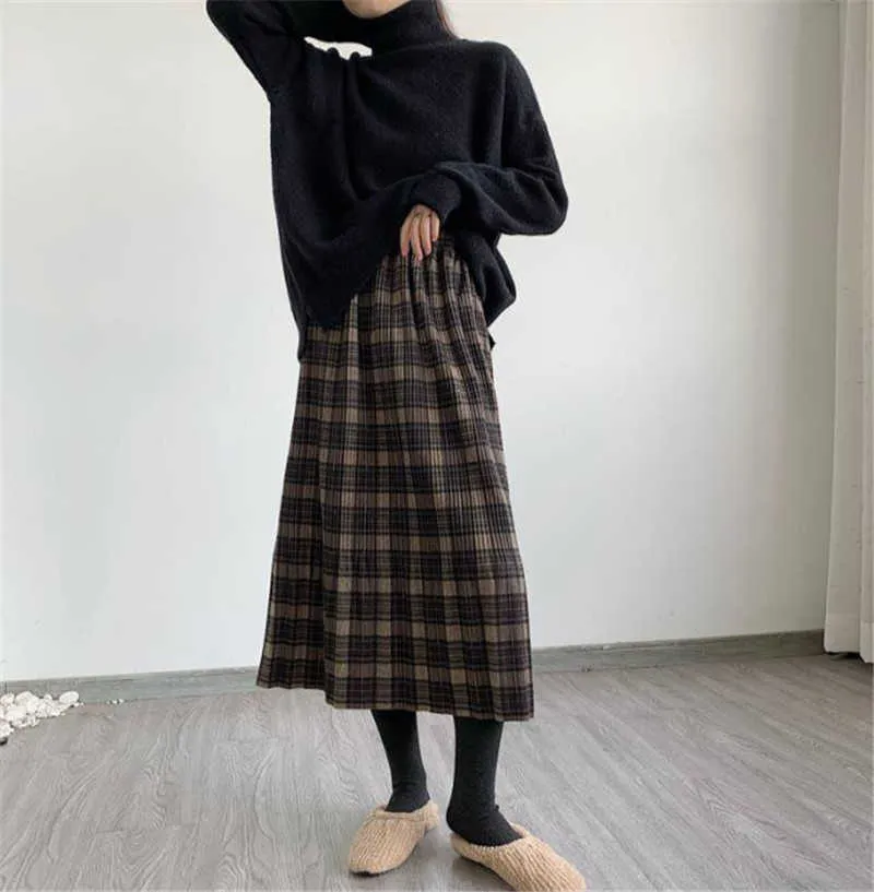 Gonna a pieghe lunga in lana invernale di alta qualità Gonna scozzese longuette a vita alta in stile coreano femminile Abbigliamento vintage taglie forti 210619
