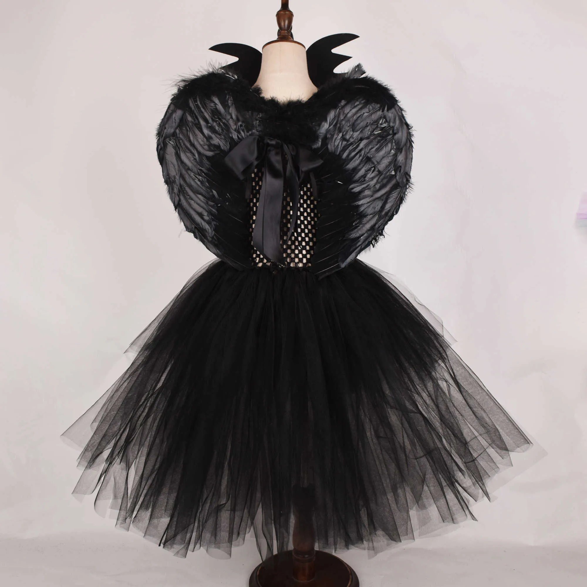 Costume Tutu de sorcière noire pour filles, robes Tutu de Cosplay avec ailes de bandeau, Costumes d'halloween pour enfants, ensemble de vêtements de 0 à 12 ans