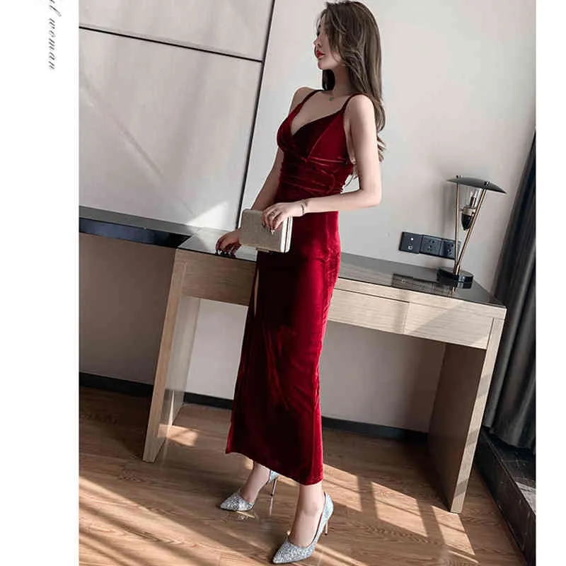 Spring Autumn Women's Dress Sexy Cross V-neck Low-cut Tight-fitting Solid Color High Slit Suspender es LL168 210506