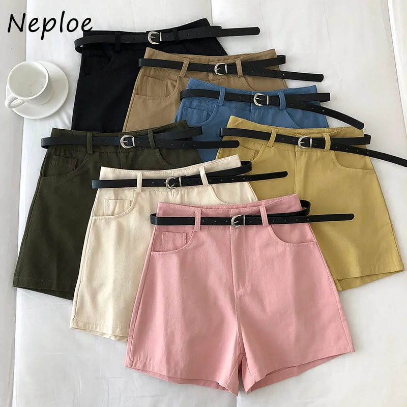 Neploe High Waist Hip Sashes Shorts Women Pocket Design Solid Summer Outwear Shorts Feminino Simple Soft All Match 210510