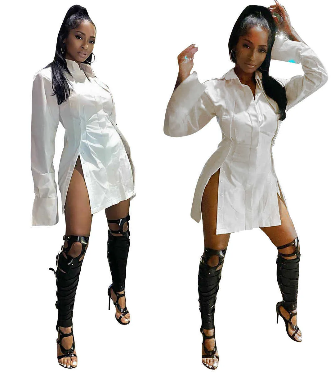 Turn-down Yaka Tek Göğüslü Bölünmüş Beyaz Uzun Kollu Yüksek Bel Gömlek Elbise Lady Seksi Mini Clubwear Robe Chemise Femme 210604
