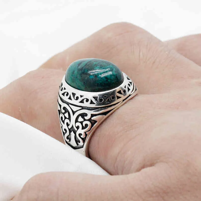 925 Sterling Men's Natural Phoenix Stone Rock Wedding/Party Fine Thai Silver Turkish Jewelry Women Ring