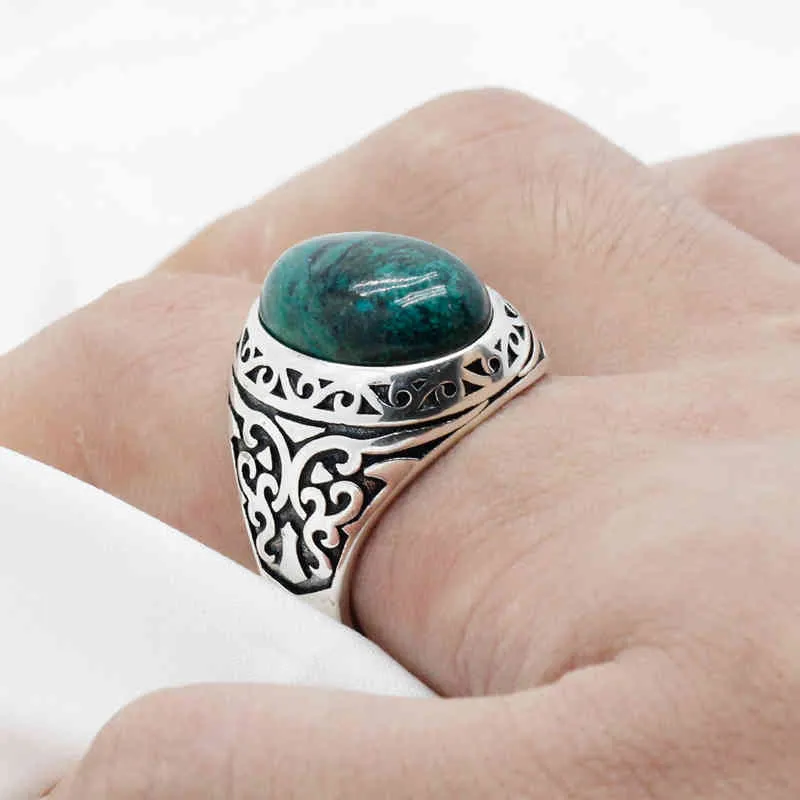 925 Sterling Men's Natural Phoenix Stone Rock Bröllop / Party Fine Thai Silver Turkiska Smycken Kvinnor Ring