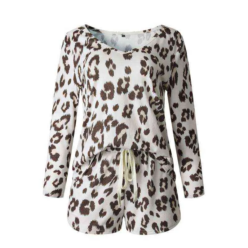 Autumn Leopard Pajamas Set Women Home Wear Loungewear Pjs Women Pajamas Sleep Wear Homewear Ladies Home Suit 220114