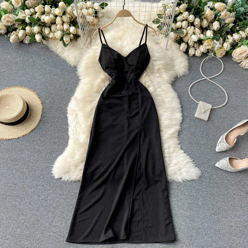 여름 섹시한 블랙 / 핑크 스파게티 스트랩 긴 드레스 여성 파티 클럽 하이 허리 열기 맥시 Strapless Vestidos 2021 새로운 패션 Y0603