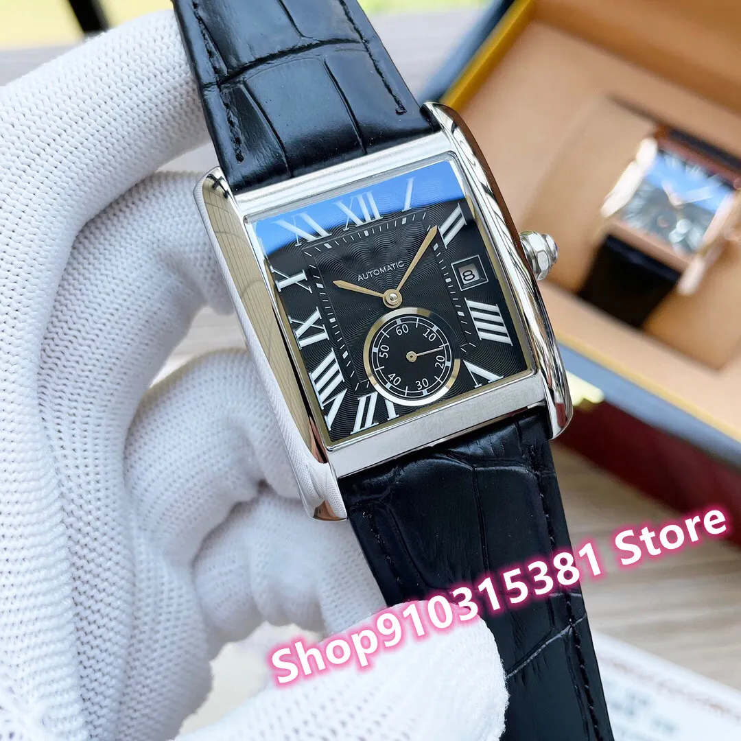 Luxury Men Stainless Steel Geometric Rectangular Watch Rose Gold Rome Number Watch Automatic Mechanical Black Leather Clock 40mm