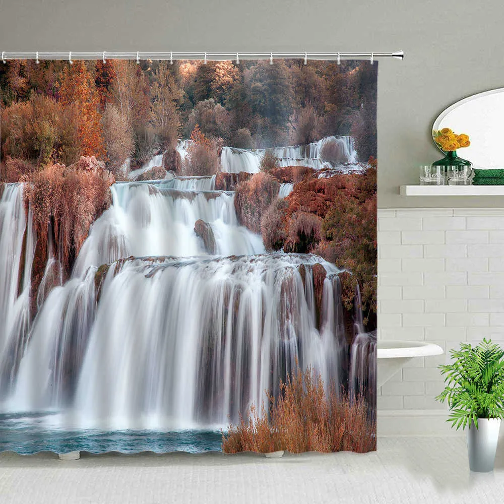 Waterfall Landscape Flower Birds Shower Curtains Summer Natural Scenery Waterproof Curtain Home Bathroom Decor Polyester Cloth 210915