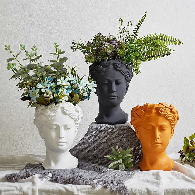 Greek Statue Goddess Flower Pots Head Retro Vase Home Decoration Accessories Ornament Decor Tabletop Decorative 210610
