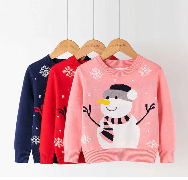Nuevo suéter de Otoño Invierno para niños, suéter de dibujos animados de Navidad rojo con muñeco de nieve para niños, suéter cálido para niños, ropa de otoño para niñas Y1024