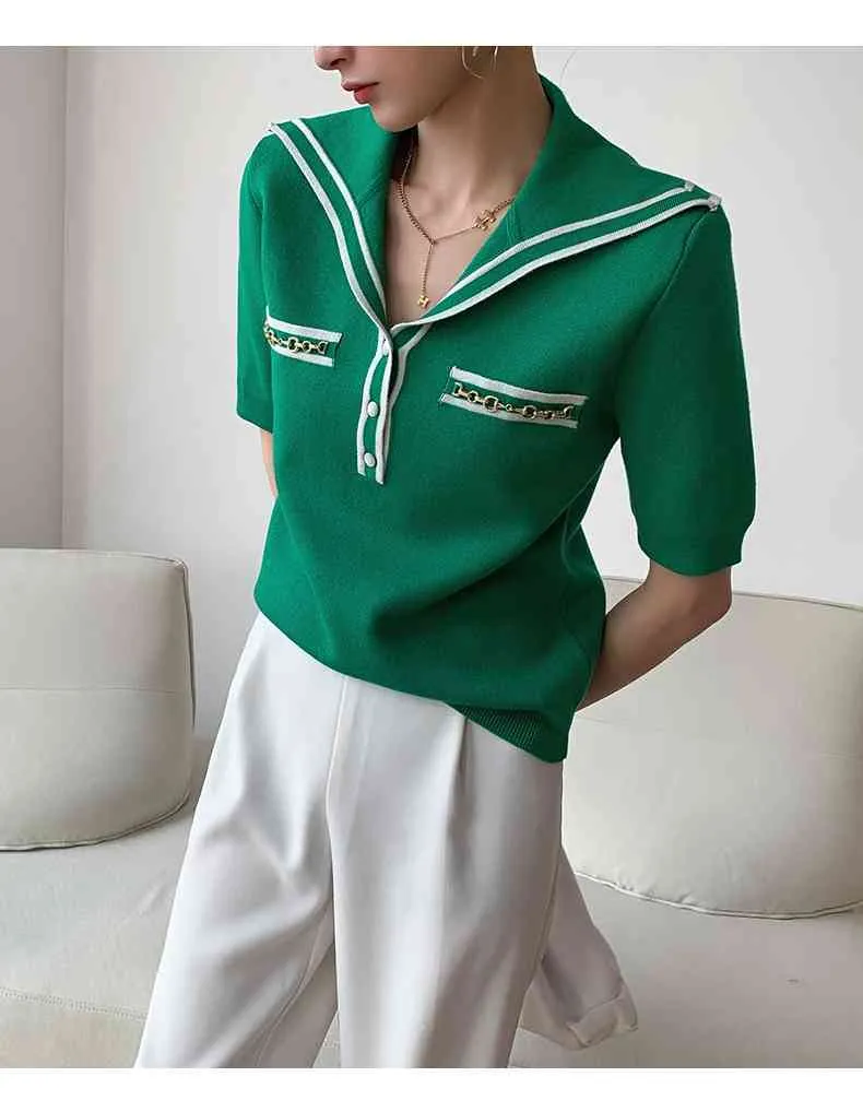 한국 패션 폴로 칼라 티셔츠 기질 해군 대학 반팔 니트웨어 여름 탑 여성 의류 210520