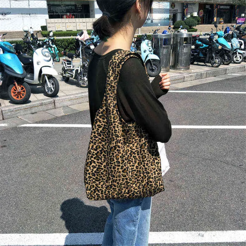 Shopping Bags Women Canvas Female Shoulder Environmental Storage Handbag Reusable Foldable Eco Grocery Leopard Print 220309