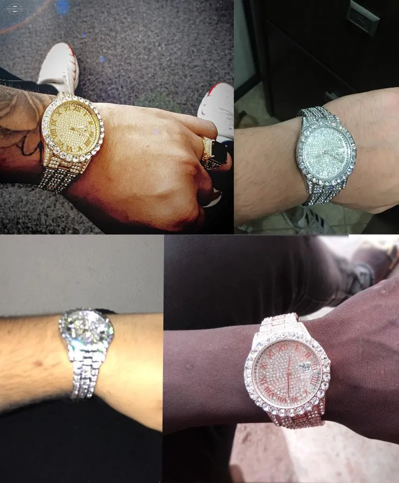 Full Diamonds Fashion kwarc zegarek Mężczyźni luksusowe klasyczne designerskie srebrne zegarki ze stali nierdzewnej zegarki Hip Hop ReloJ hombre W264G