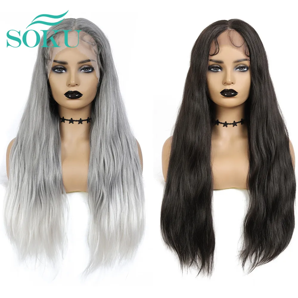 Synthetic Lace Front Wig Gery Color Natural Wavy Wig SOKU Long Middle Part Trendy Hairstyle Heat Resistant Fiber For Black Women