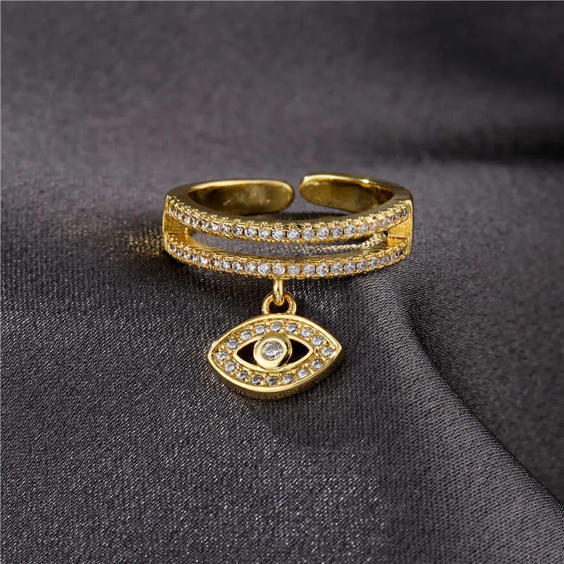 Newbuy Brand Unikalny Design Double Row Cubic Cyrkon Obrączka Złoto Kolor Lucky Evil Eye Charm Ring Dla Kobiet Dziewczyna Dropship X0715