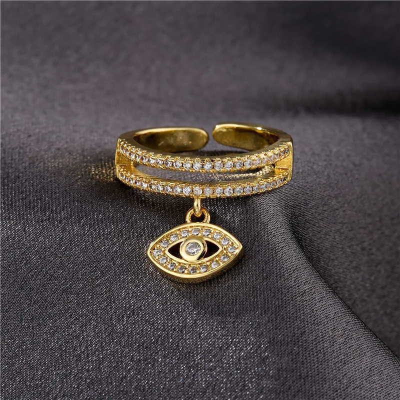 NEWBUY Marke Einzigartiges Design Zweireihig Kubikzircon Ehering Gold Farbe Lucky Evil Eye Charm Ring Für Frauen Mädchen Dropship X0715