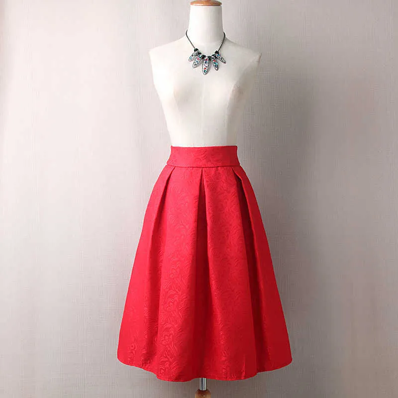 Neophil Summer Black Red Jacquard Pleated Ball Gown Skater Ladies Midi Skirts Plus Size Office Wear Tutu Saia S08044 210621