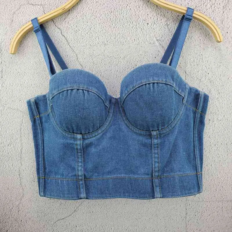 Mode damer camis runway jeans skiva topp lyxig blå sexig kändis fest klubb väst 210326