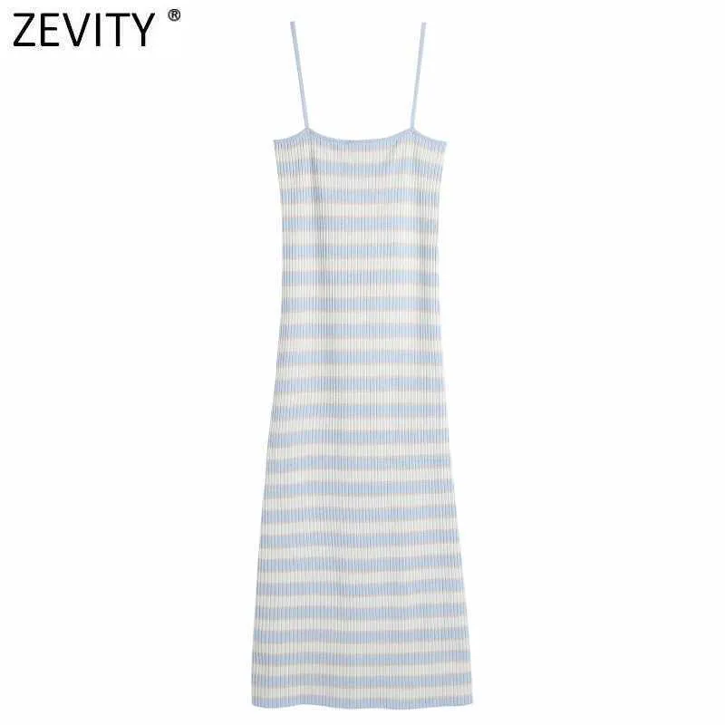 Zevity女性のファッションの縞模様のプリントカジュアルスリムな編み物スリングドレス女性シックな夏のスパゲッティストラップvestido DS8283 210603