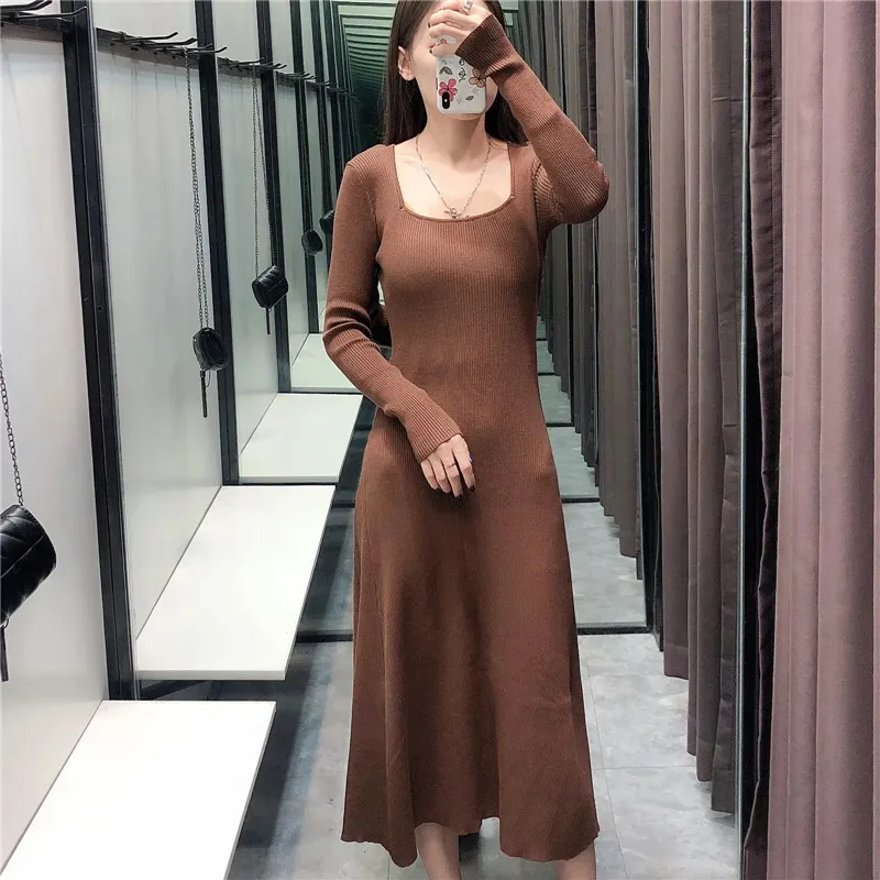 Autumn Knitted Sweater Midi Dress Women Vintage Square Neck Long Sleeve es Woman Flared Hem Elegant Casual 210519