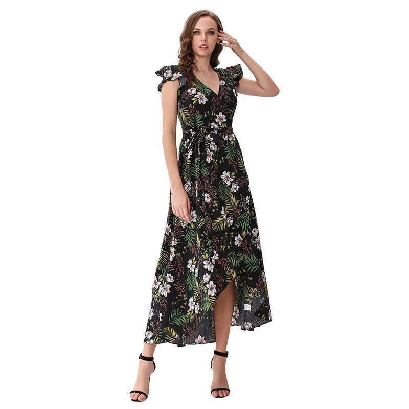 Mulheres Vestido Floral Impresso Bandagem Split Partido Fluxo Dignificado Tendência Elegante Verão Vestido Longo M30524 210526