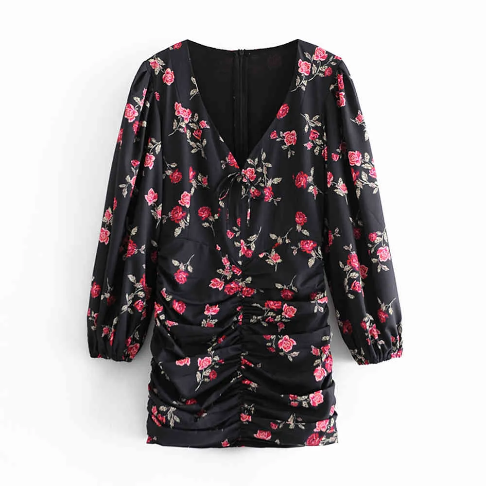 Vrouwen Romantische Rose Print Mini Jurk Meisjes Gollowy Mouw V-hals Shirred Rok Neamed Bodice Panels Full Bell Sleeves 210520