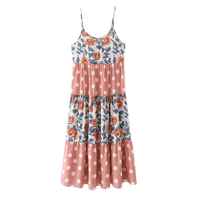 Sommar rosa polka dot blommig print maxi klänning kvinnor elegant glatt patchwork kvinna vintage pläterad fest vestidos 210430