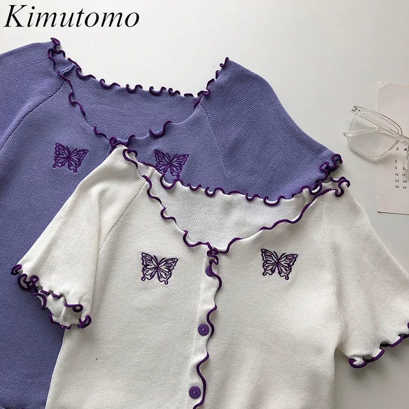 Kimutomo 빈티지 니트 티셔츠 여름 한국어 나비 자수 BM 스타일 짧은 소녀 보라색 가슴 탑 패션 210521