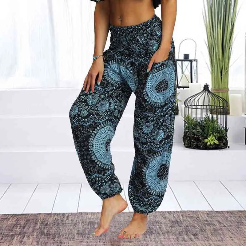 Women's Loose Yoga Pants Boho Print High Waist Casual Trousers Sweatpants Women Summer Beach Plus Size Baggy Aladdin Harem Pants H1221