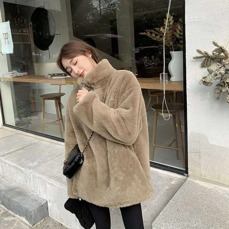 Dolcevita Felpa Furry Donna Inverno Casual Peluche Cappotto di Pelliccia Sintetica Vintage Spessa Cerniera Coreana Mantieni Caldo Felpe con Cappuccio Top 211018