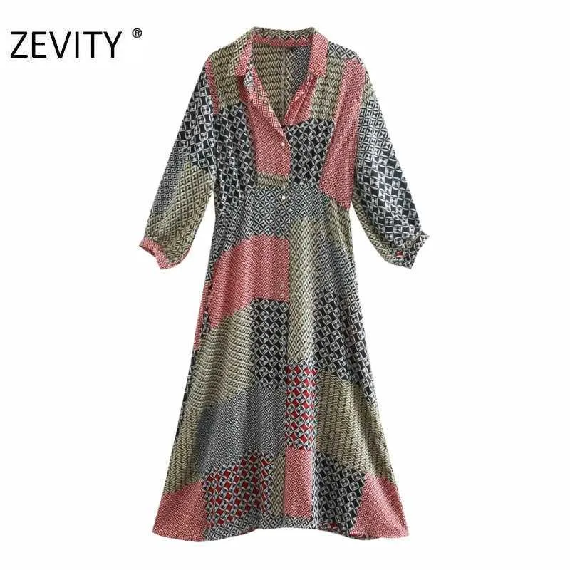 ZEVITY donna vintage panno patchwork stampa geometrica camicia abito da ufficio donna retro casual slim vestido abiti chic DS4427 210603